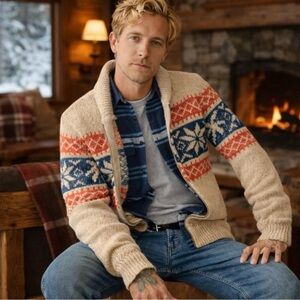 FAHERTY Sweater Mens XXL  Tan Cardigan Zip Up Knit Fair Ilse Surf to Snow $348